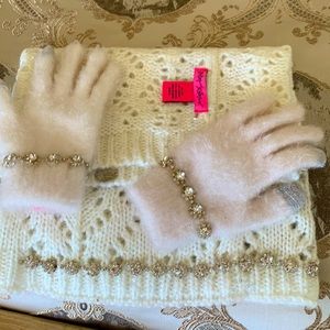 Betsey Johnson embellished scarf and gloves set